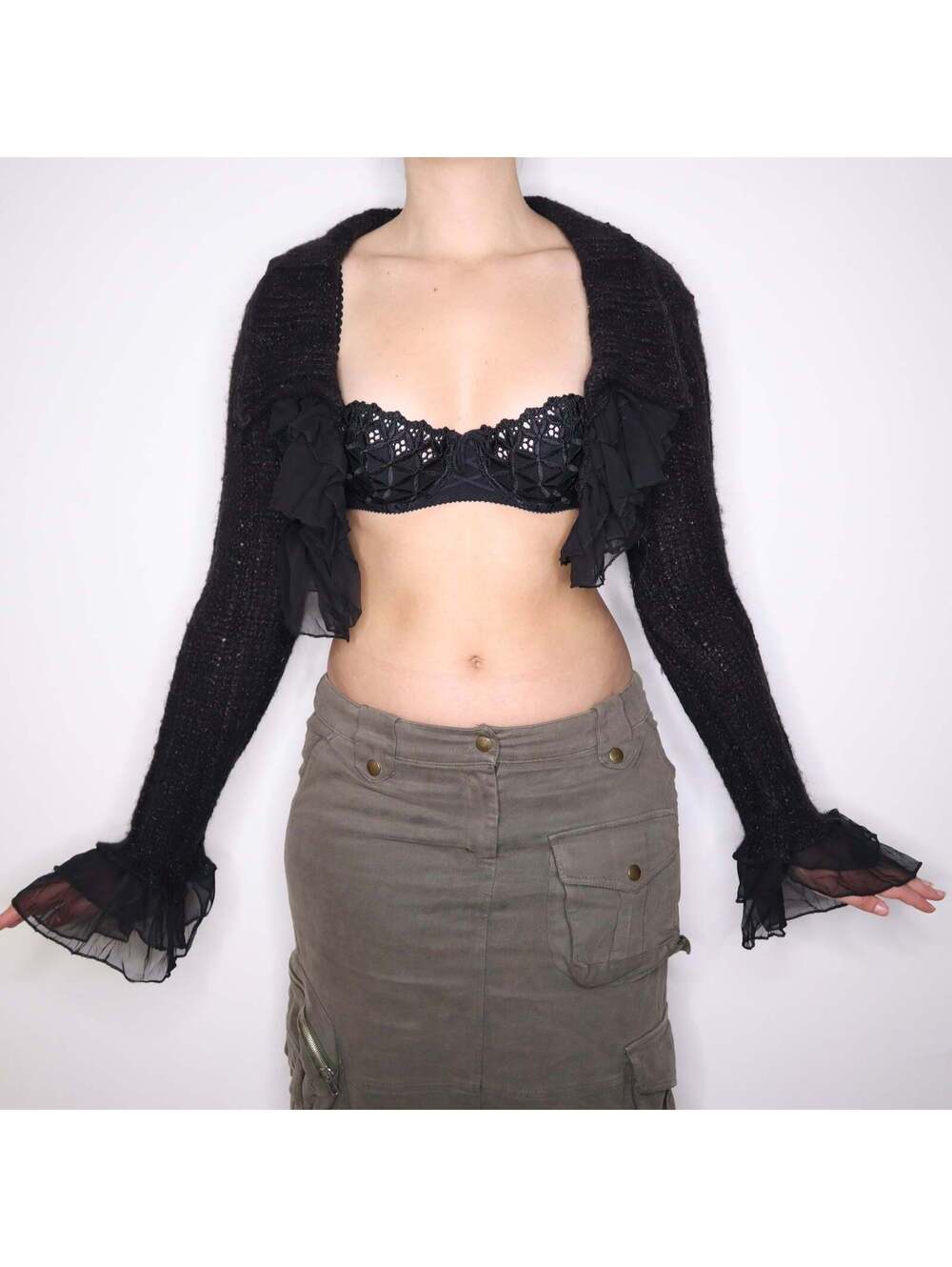 Y2K Italian Black Shimmer Ruffle Mohair Bolero (M/L)